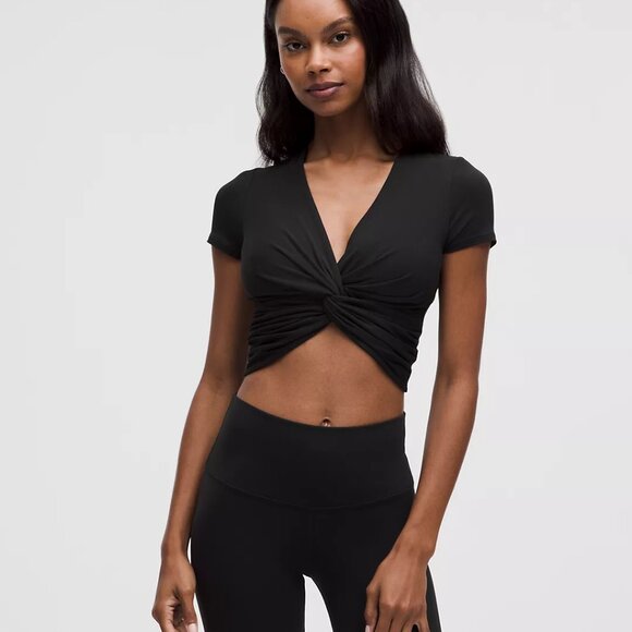 Modal-Silk Twist-Front Cropped T-Shirt Black Size M - Picture 1 of 4